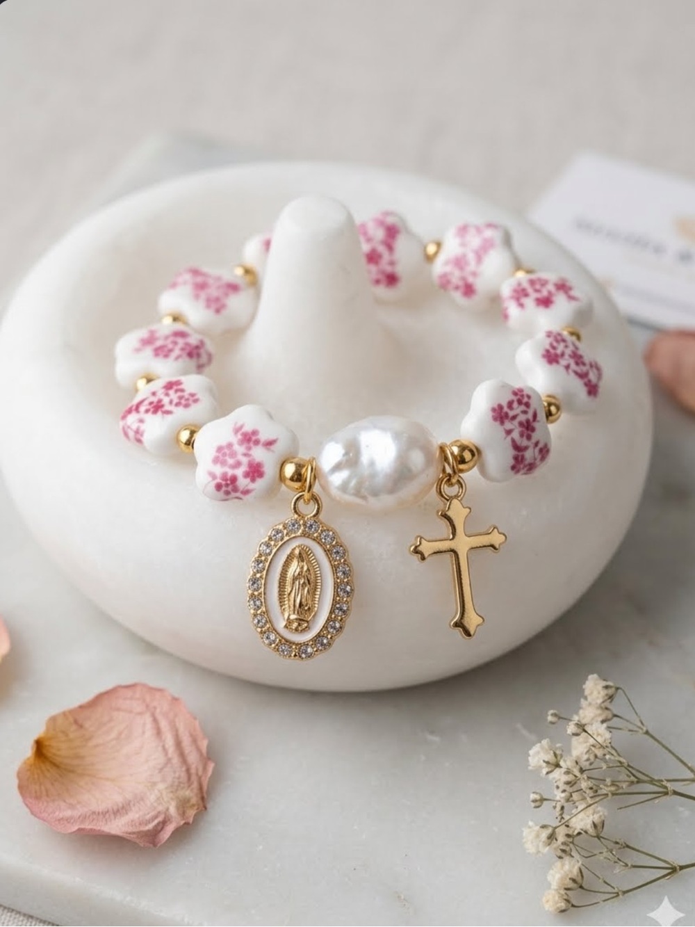 Custom Virgin Mary Floral Ceramic & Pearl Charm Bracelet